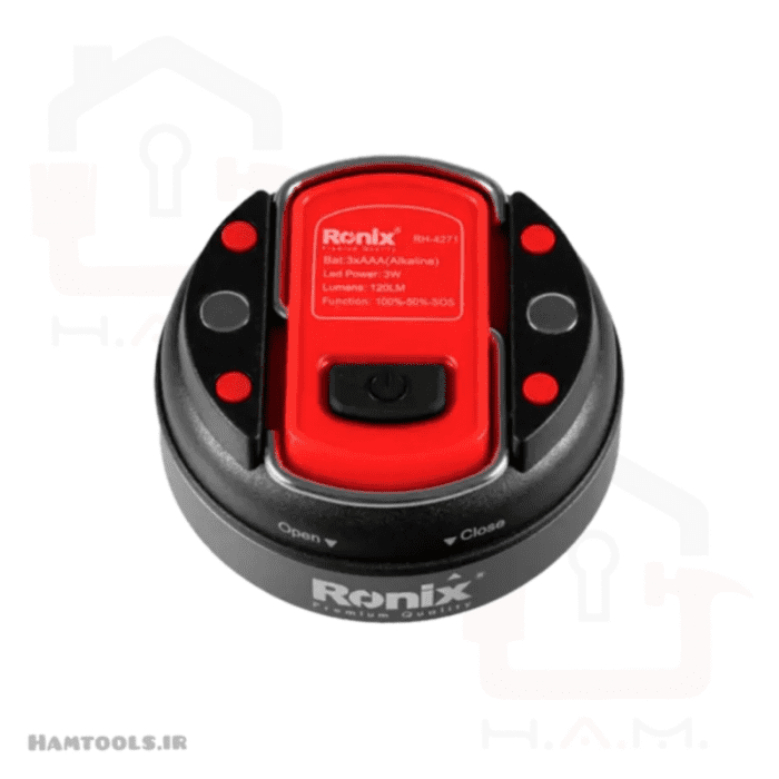 نمای بالا چراغ قوه رونیکس RH-4271 با دکمه پاور on/off و 2 عدد مگنت